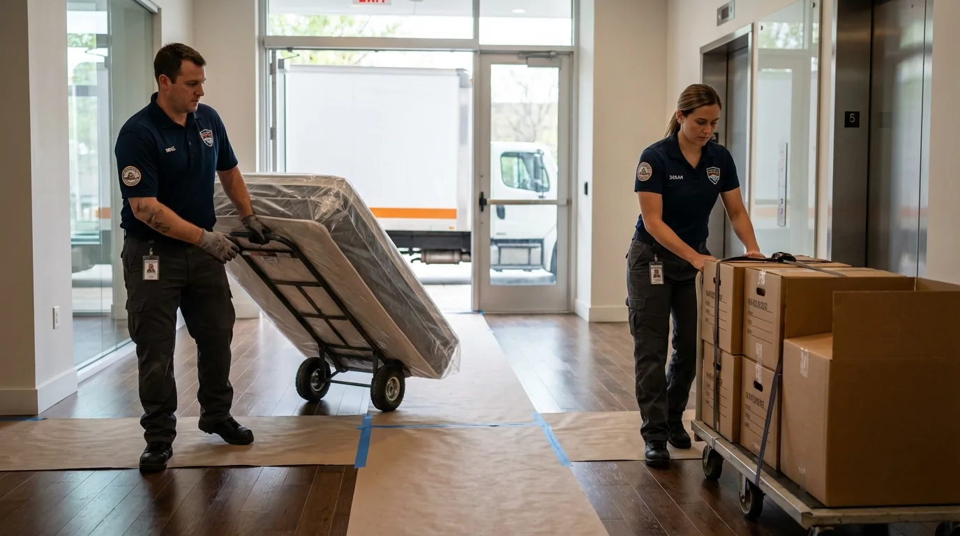 Professional apartment movers loading elevator in Billings, MT