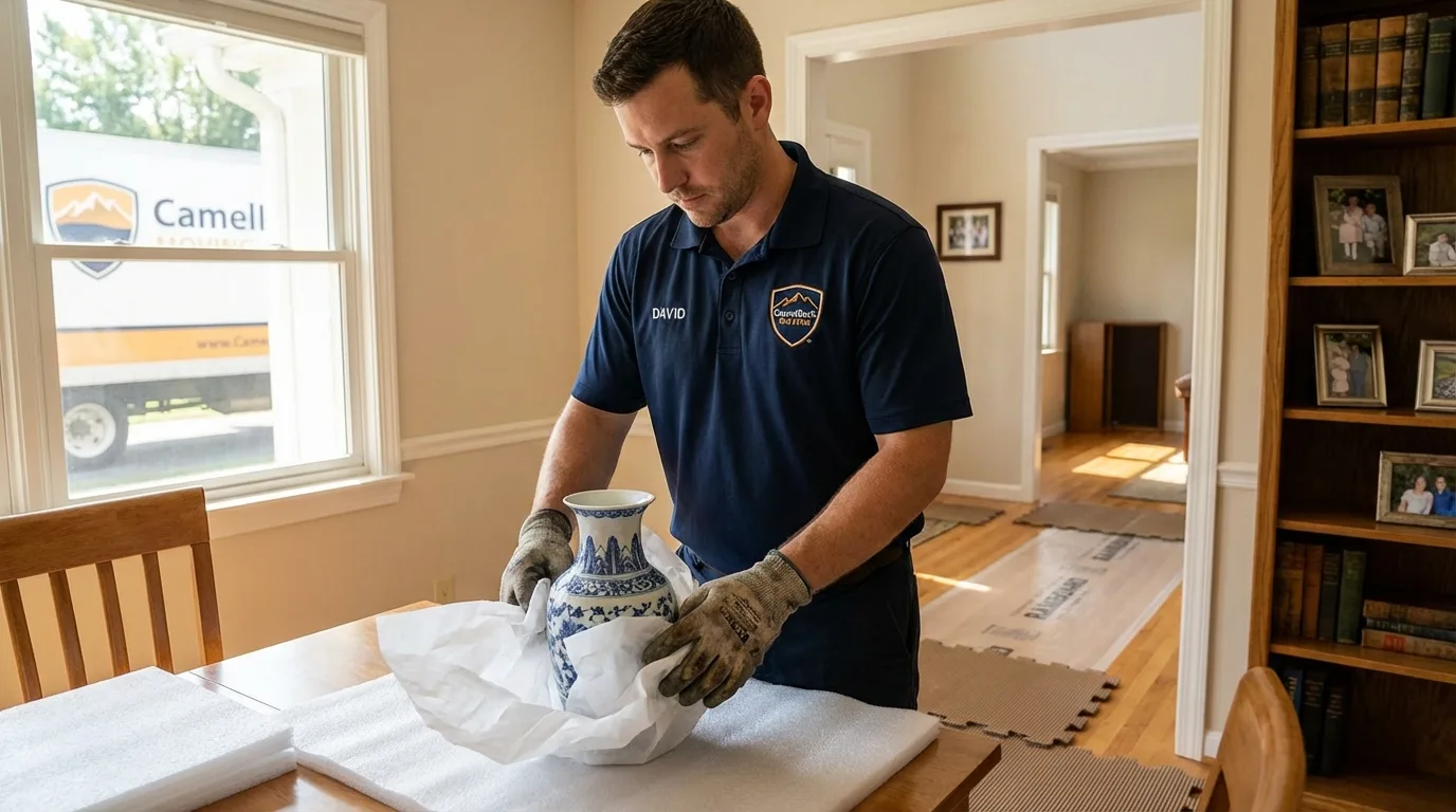 Professional crew carefully wrapping antique vase for senior downsizing move in Billings, MT